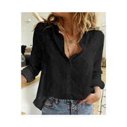 Cotton Linen Shirt Vintage Butterfly Print Top Lapel Long Sleeve OL Women Tops Casual White Button Up Shirts Blusas - black, XXXL