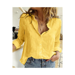 Cotton Linen Shirt Vintage Butterfly Print Top Lapel Long Sleeve OL Women Tops Casual White Button Up Shirts Blusas - yellow, XXXL