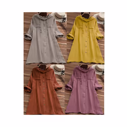 Women's Drawstring Cotton and Linen Solid Color Hat Loose Hooded Long Sleeve Cardigan Shirt - Lemon yellow, L
