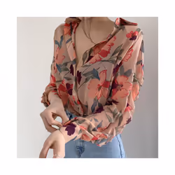 Summer Women's Floral Printed Blouse Chiffon Top V-Neck Long Sleeve Blouse - Beige, L