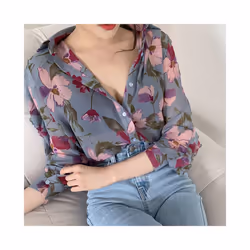 Summer Women's Floral Printed Blouse Chiffon Top V-Neck Long Sleeve Blouse - Beige, XL