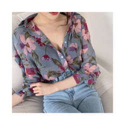 Summer Women's Floral Printed Blouse Chiffon Top V-Neck Long Sleeve Blouse - Beige, S