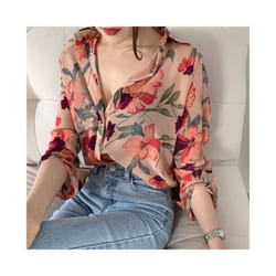 Summer Women's Floral Printed Blouse Chiffon Top V-Neck Long Sleeve Blouse - Pink, L