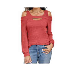 New Off-shoulder Hollow Round Neck Solid Color Long-sleeved Loose Top T-shirt for Women - XXL, red