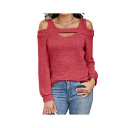 New Off-shoulder Hollow Round Neck Solid Color Long-sleeved Loose Top T-shirt for Women - XXL, red
