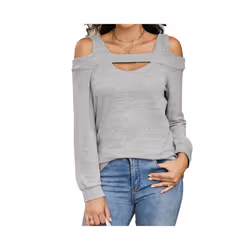 New Off-shoulder Hollow Round Neck Solid Color Long-sleeved Loose Top T-shirt for Women - XXL, red