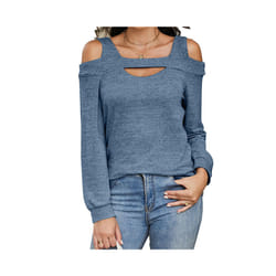 New Off-shoulder Hollow Round Neck Solid Color Long-sleeved Loose Top T-shirt for Women - M, color blue