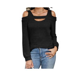 New Off-shoulder Hollow Round Neck Solid Color Long-sleeved Loose Top T-shirt for Women - XXL, black