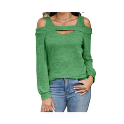 New Off-shoulder Hollow Round Neck Solid Color Long-sleeved Loose Top T-shirt for Women - XL, green
