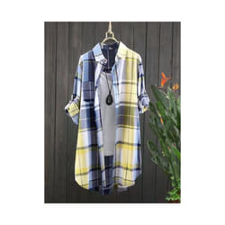 Cotton Plaid Mid Length Blouses Autumn Casual New Loose Button Blouses Women Korean Fashion Long Sleeve Winter Elegant Shirt - Yellow, L