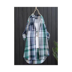 Cotton Plaid Mid Length Blouses Autumn Casual New Loose Button Blouses Women Korean Fashion Long Sleeve Winter Elegant Shirt - green, L
