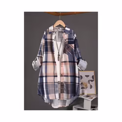 Cotton Plaid Mid Length Blouses Autumn Casual New Loose Button Blouses Women Korean Fashion Long Sleeve Winter Elegant Shirt - green, XXL