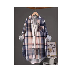 Cotton Plaid Mid Length Blouses Autumn Casual New Loose Button Blouses Women Korean Fashion Long Sleeve Winter Elegant Shirt - Khaki, L