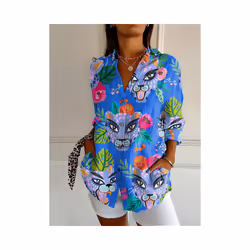 Summer Women's Long Shirt Summer European and American Fashion Shirt 3D Pattern Printed Shirt - YK2006, L