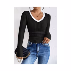 Women's T-Shirts Autumn Winter Fashion Contrast Color Long Sleeve V-Neck Fashion T-Shirts - Black, XS