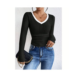 Women's T-Shirts Autumn Winter Fashion Contrast Color Long Sleeve V-Neck Fashion T-Shirts - Black, XS