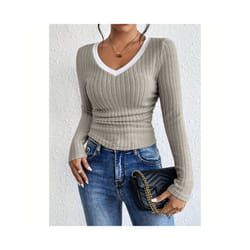 Women's T-Shirts Autumn Winter Fashion Contrast Color Long Sleeve V-Neck Fashion T-Shirts - Apricot, L