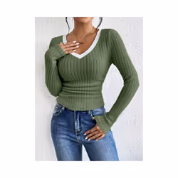 Women's T-Shirts Autumn Winter Fashion Contrast Color Long Sleeve V-Neck Fashion T-Shirts - Green, L