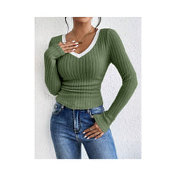 Women's T-Shirts Autumn Winter Fashion Contrast Color Long Sleeve V-Neck Fashion T-Shirts - Green, L