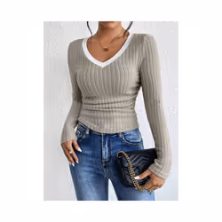 Women's T-Shirts Autumn Winter Fashion Contrast Color Long Sleeve V-Neck Fashion T-Shirts - Green, L