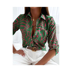 Elegant Women Blouse Spring and Autumn Temperament Top Long Sleeve Stripe Print Office Slim Fit Pocket Shirt - green, M