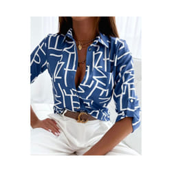 Elegant Women Blouse Spring and Autumn Temperament Top Long Sleeve Stripe Print Office Slim Fit Pocket Shirt - Blue, M