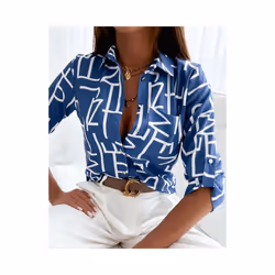 Elegant Women Blouse Spring and Autumn Temperament Top Long Sleeve Stripe Print Office Slim Fit Pocket Shirt - Blue, XL