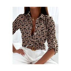 Elegant Women Blouse Spring and Autumn Temperament Top Long Sleeve Stripe Print Office Slim Fit Pocket Shirt - Khaki, S
