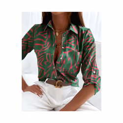 Elegant Women Blouse Spring and Autumn Temperament Top Long Sleeve Stripe Print Office Slim Fit Pocket Shirt - Khaki, S