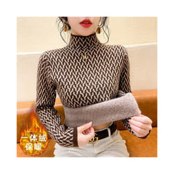 Fleece Sweater Bottoming Shirt Female Autumn Winter Thick Interior Lapping Half Height Collar Slim Pullovers Fashion Top Tee - Chocolate, S