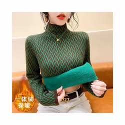 Fleece Sweater Bottoming Shirt Female Autumn Winter Thick Interior Lapping Half Height Collar Slim Pullovers Fashion Top Tee - green, XXL