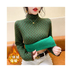 Fleece Sweater Bottoming Shirt Female Autumn Winter Thick Interior Lapping Half Height Collar Slim Pullovers Fashion Top Tee - green, S