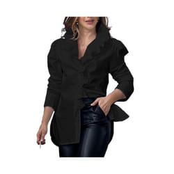 Women Long Sleeve Shirt Puffed Sleeves Blouse Stylish Women's V-neck Spring Autumn Blouse Top Ruffle Trim Women Casual Shirts - black, 3XL
