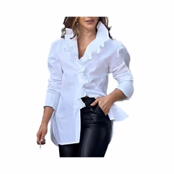 Women Long Sleeve Shirt Puffed Sleeves Blouse Stylish Women's V-neck Spring Autumn Blouse Top Ruffle Trim Women Casual Shirts ...