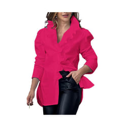 Women Long Sleeve Shirt Puffed Sleeves Blouse Stylish Women's V-neck Spring Autumn Blouse Top Ruffle Trim Women Casual Shirts - Red, XL