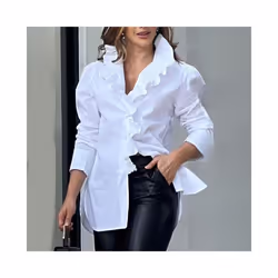 Women Long Sleeve Shirt Puffed Sleeves Blouse Stylish Women's V-neck Spring Autumn Blouse Top Ruffle Trim Women Casual Shirts - Red, XL