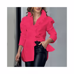 Women Long Sleeve Shirt Puffed Sleeves Blouse Stylish Women's V-neck Spring Autumn Blouse Top Ruffle Trim Women Casual Shirts - Red, XL