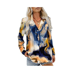 Europe and the United States autumn new women's long-sleeve printed button-down shirt V-neck blouse women - Gold, XXL