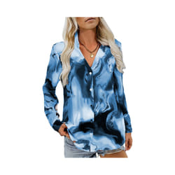 Europe and the United States autumn new women's long-sleeve printed button-down shirt V-neck blouse women - Blue, M