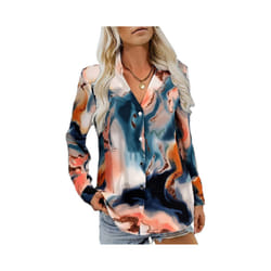Europe and the United States autumn new women's long-sleeve printed button-down shirt V-neck blouse women - Orange, M