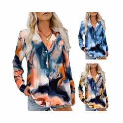 Europe and the United States autumn new women's long-sleeve printed button-down shirt V-neck blouse women - Orange, S