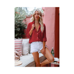 Women Casual Long Sleeve Cotton Linen Lapel Shirt Elegant Solid Loose Blouse Vintage Harajuku Button Up Tops Oversized Tunics - Red, M