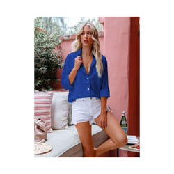 Women Casual Long Sleeve Cotton Linen Lapel Shirt Elegant Solid Loose Blouse Vintage Harajuku Button Up Tops Oversized Tunics - Blue, XXL