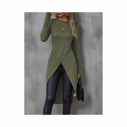 Women's T-Shirts Autumn French Decent Plain Long Sleeve Crew Neck Wrap Long High Street T-Shirts - Green, L