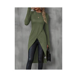 Women's T-Shirts Autumn French Decent Plain Long Sleeve Crew Neck Wrap Long High Street T-Shirts - Green, XL