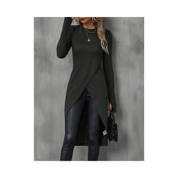 Women's T-Shirts Autumn French Decent Plain Long Sleeve Crew Neck Wrap Long High Street T-Shirts - Black, L