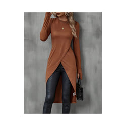 Women's T-Shirts Autumn French Decent Plain Long Sleeve Crew Neck Wrap Long High Street T-Shirts - Yellow Coffee, XL