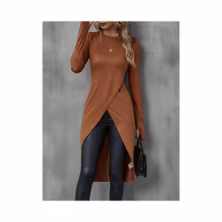 Women's T-Shirts Autumn French Decent Plain Long Sleeve Crew Neck Wrap Long High Street T-Shirts - Yellow Coffee, XS