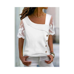 Fashion White Lace Short Sleeve Tops Women T Shirt Summer Casual Buttons Office T-shirt Tshirt Top Femme - WHITE, L