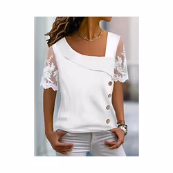 Fashion White Lace Short Sleeve Tops Women T Shirt Summer Casual Buttons Office T-shirt Tshirt Top Femme - WHITE, L